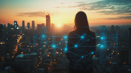 Abstract business woman stands on the peak of success amid tall, innovative Smart city and graphs with statistics to analyze business potential and predict future developments in company growth.