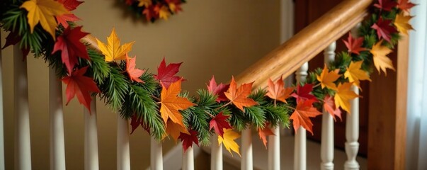 Leafy garland draped across a wooden banister, fall wreaths, wooden banister, autumnal elements