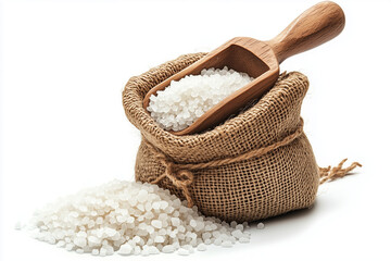 White salt in a burlap sack with a wooden scoop displayed against a plain background