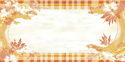 Autumnal Gingham Background with Elegant Orange Snakes and Floral Design