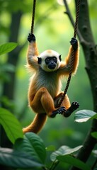 Obraz premium Gibbon monkey swinging through dense forest foliage, wildlife, arboreal