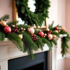 Rose gold and pink garland on a mantel with evergreen boughs, garland, mantel