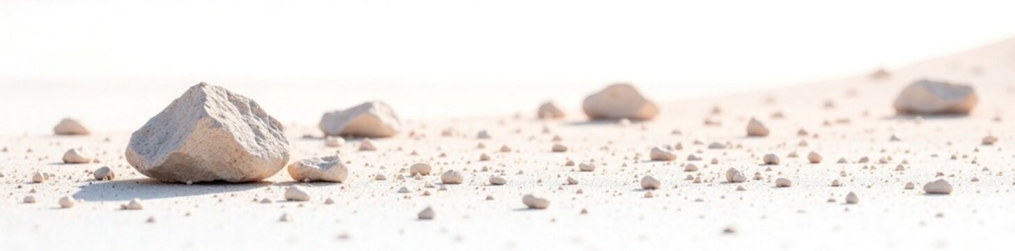 White background with scattered Kaolinite stones in a desert landscape, solitary, kaolinite