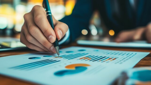 Person's hand annotating charts and graphs.