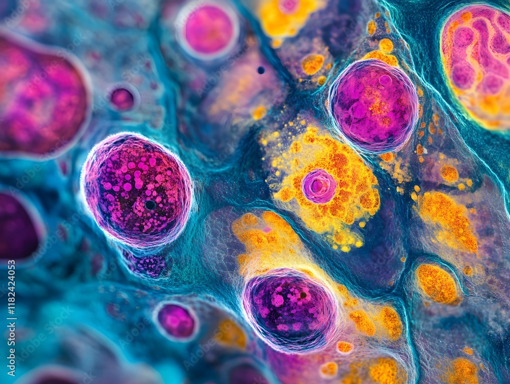 Poster an abstract representation of vibrant and colorful cells under a microscope, showcasing intricate de