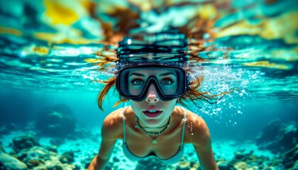 Naklejka premium Woman snorkeling underwater, clear turquoise water, vibrant coral reef.