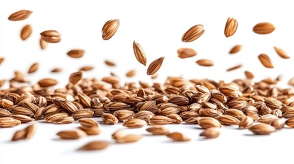 Close-up of brown rice grains falling onto a pile. Perfect for food packaging, health blogs, or restaurant menus.