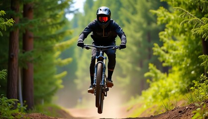 Naklejka premium Mountain biker soaring through a lush forest trail, showcasing exhilarating speed and skill.