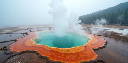 Dense fog surrounds a geothermal area with bubbling hot springs, earthy tones, foggy landscape, hot springs