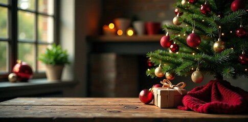Festive holiday ambiance with a Christmas tree and wooden table, Wooden Table, Holiday Decor