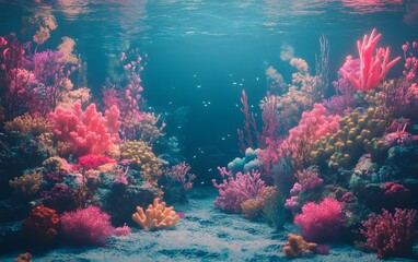 Naklejka premium Vibrant underwater scene featuring colorful coral reefs and diverse marine life. A serene glimpse into the beauty of ocean ecosystems teeming with life and color.