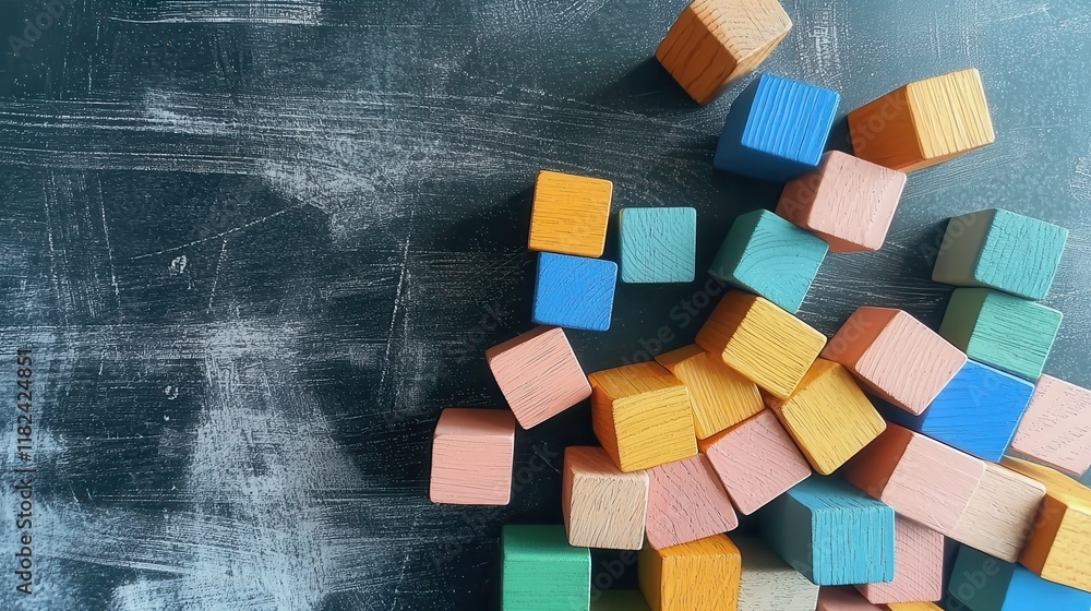 Poster overhead view of colorful wooden building blocks on a chalkboard surface, ideal for educational conc