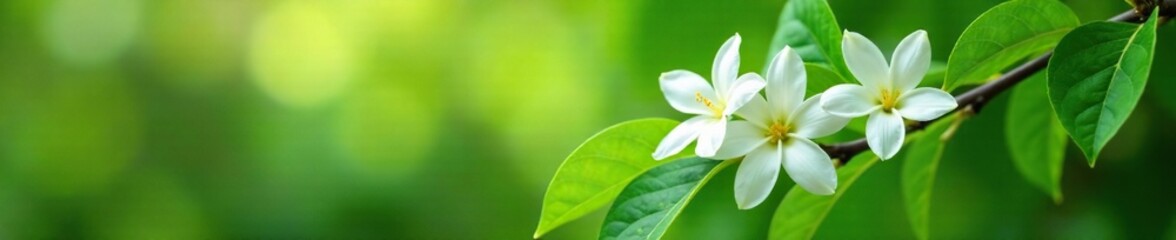 Fototapeta premium Jasmine flowers in full bloom on a lush green tree branch, greenery, natural, jasmine