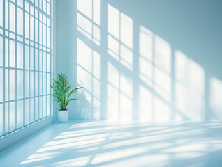 A minimalistic indoor scene featuring a green leafy plant in a white pot placed against a neutral wall