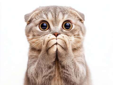 funny cat expression with paws covering mouth in surprised gesture isolated on clean white background, perfect for meme creation