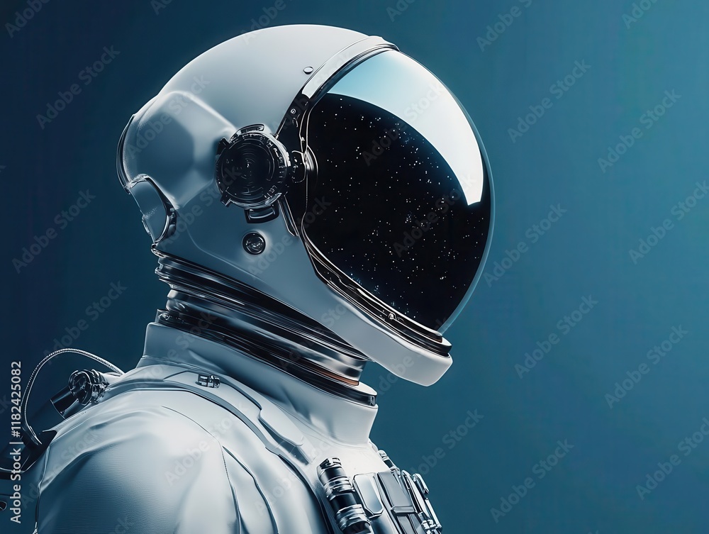 Wall mural futuristic astronaut profile portrait with reflective helmet visor showing cosmic space reflection a