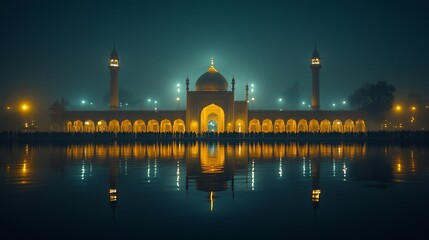 Fototapeta premium Mosque at Night, Foggy Reflection, People, Pakistan. Possible Use Stock Photo