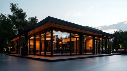 Obraz premium Stunning Modern House Design with Glass Walls and Wooden Accents at Dusk