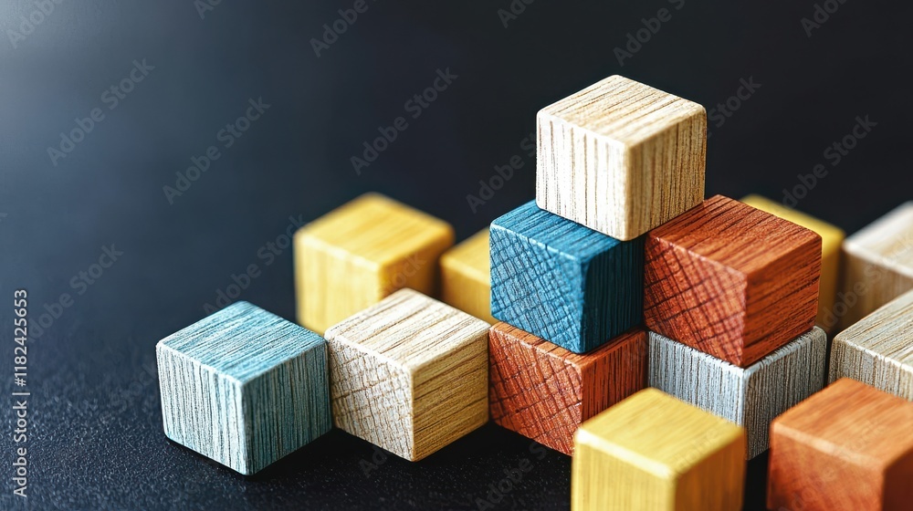 Poster vivid wooden blocks arranged in a playful network layout on a dark surface, ideal for creative and e