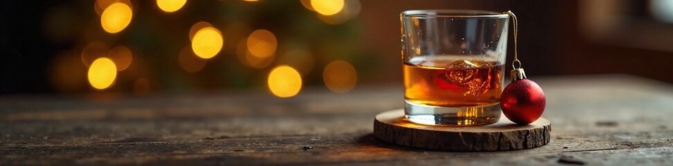 Whiskey glass on wooden coaster with Christmas ornament hanging from rim, amber, holiday