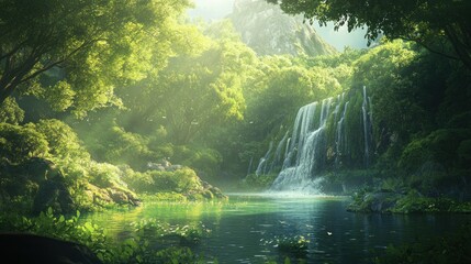 Serene waterfall cascading into a lush green pool, sunlight filtering through the forest canopy.