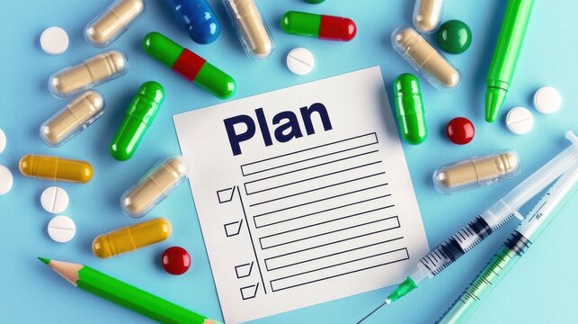 Overhead View of a Colorful Plan Checklist Surrounded by Various Capsules, Tablets, and Syringes on a Blue Background, Symbolizing Health and Organization