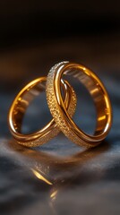 Elegant intertwined gold wedding rings displayed on a polished surface with soft lighting