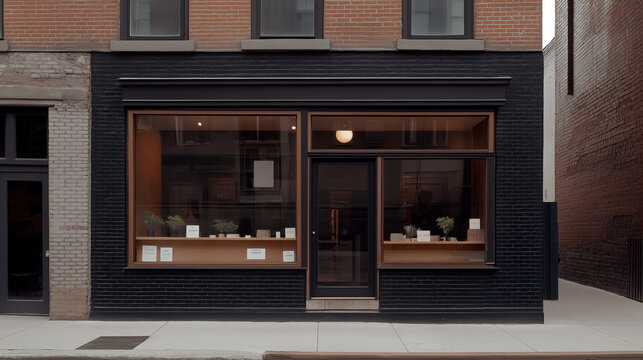 Mockup storefront, shop facade and window. Template for storefront window, classic boutique design. Empty window, retail front, store facade, traditional storefront style. Realistic style photo