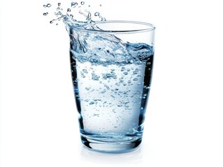 glass of pure spring water with crystal clear droplets and dynamic splash effect on pristine white background, refreshing beverage concept