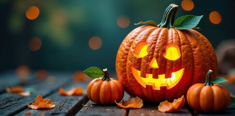 Fototapeta premium Calabaza decorada con papel de pino y naranjas, Halloween, evening