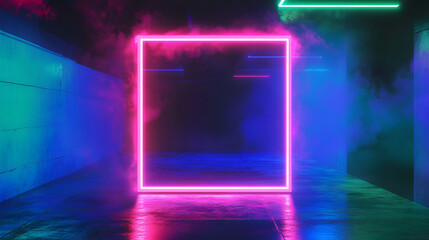 Empty neon rectangle frame with shining effect on dark background with copy space. Black Friday, Cyber Monday. Online shopping, sale and discount concept. 80s, 90s retro style. Synthwave, Retrowave