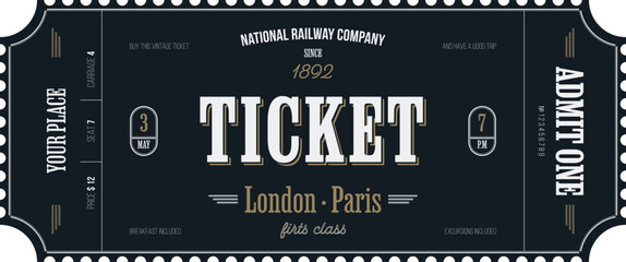 Nostalgic vintage ticket template on a dark background with golden accents. For excursion routes, retro parties, clubs and other projects. Just add your text.Vector, printable.