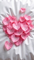 Obraz premium Soft pink petals with heart shapes unfolding on a crisp white pillow, soft, flowers