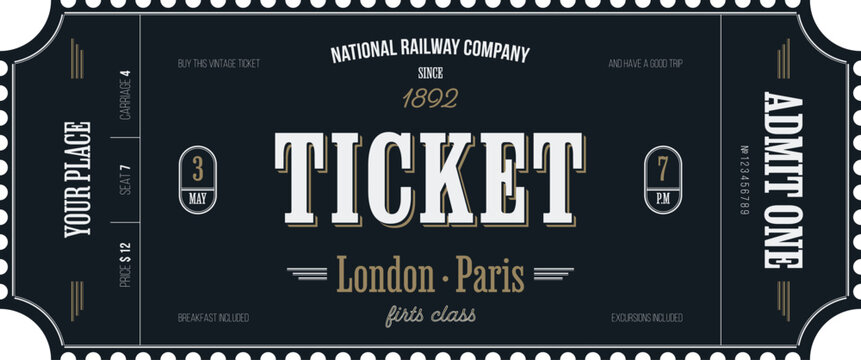 Nostalgic vintage ticket template on a dark background with golden accents. For excursion routes, retro parties, clubs and other projects. Just add your text.Vector, printable.