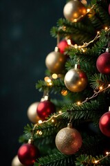 Decorated Christmas tree with sparkling light garland balls, christmas tree, ornaments