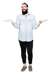 Young hipster man with long hair and beard wearing glasses Smiling showing both hands open palms, presenting and advertising comparison and balance