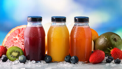 bottles of fresh fruit juice with ice fruit in background