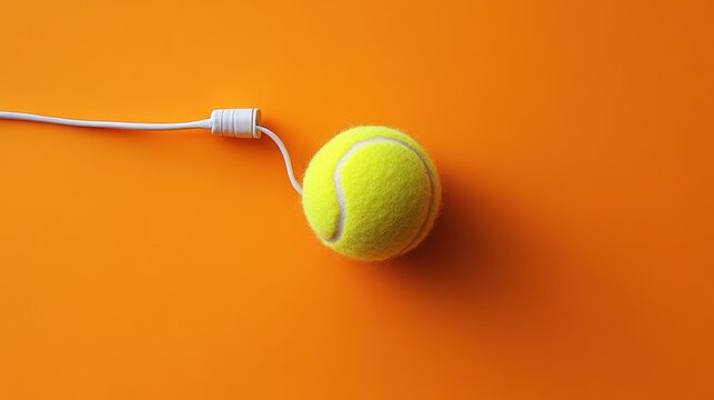 A tennis ball wired to a white cable against a vibrant orange backdrop. Ideal for sports tech websites or articles on smart tennis equipment.