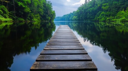 Naklejka premium A wooden dock in the middle of a lake surrounded by trees