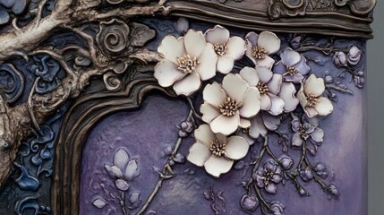 Intricate 3D Relief Sculpture- Tree Branches and Delicate White Flowers on Purple Background