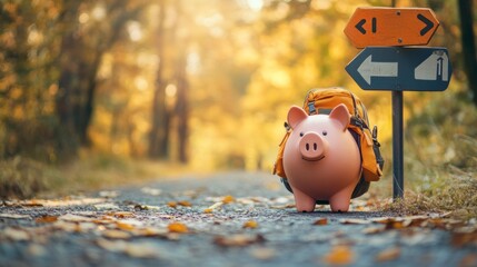 Piggy bank with backpack at a forest path crossing.