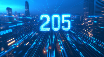 The number "205" is written in glowing blue numbers on the background of a digital cityscape, with lines and lights creating a dynamic perspective