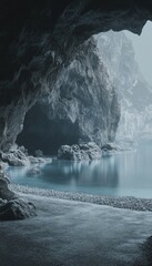 Serene coastal cave, tranquil waters reflecting the misty cliffs. A peaceful, secluded beach scene.