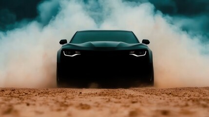 A black car driving through a desert with smoke coming out of it