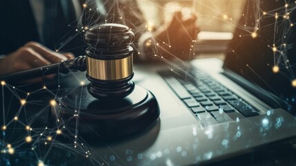 Gavel, laptop, network, digital justice, online.