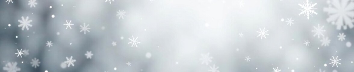 Softly falling snowflakes on a gray and white gradient background, peaceful, winter