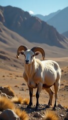 Naklejka premium Sheeps in the Pamir plateau with horns and skulls, , barren land