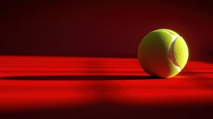 A brightly lit tennis ball sits on a vibrant red surface. Ideal for sports websites, social media, or tennis-related advertising.