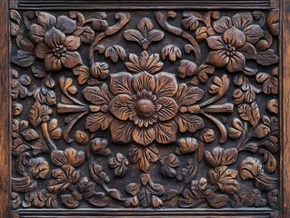 hand-carved teak wood panel with intricate traditional patterns and dark rich finish, showing natural grain texture and artisanal craftsmanship