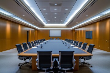 Long conference table, chairs, wood paneling, modern lighting.